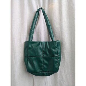 Small dak green plush tote bag with snap closure measures 9 x 9 x 3 O4